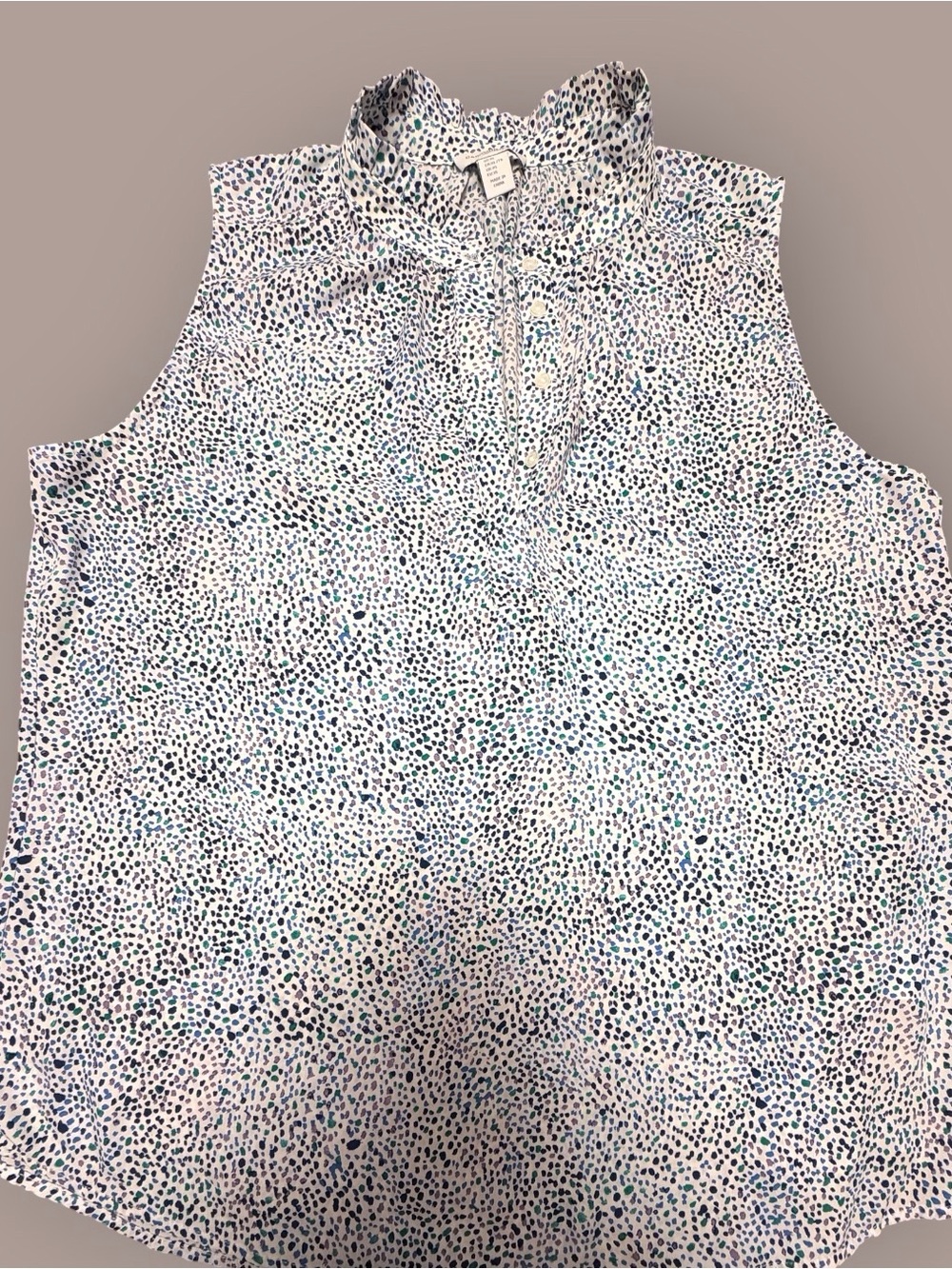 Carolina Belle White Sleeveless Mock Neck Top with Blue & Teal Dot Print